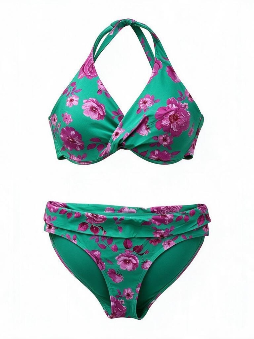 Floral Halter Bikini Set in Green with Pink Flowers